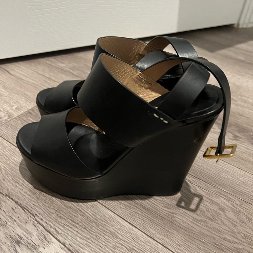 Chloe Black Wedge Sandals with Gold Buckle
